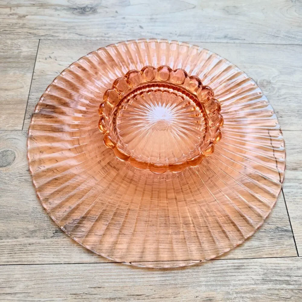 Anchor Hocking Petticoat Pink Depression Glass Cake Plate Ribbed Bubble Foot 12